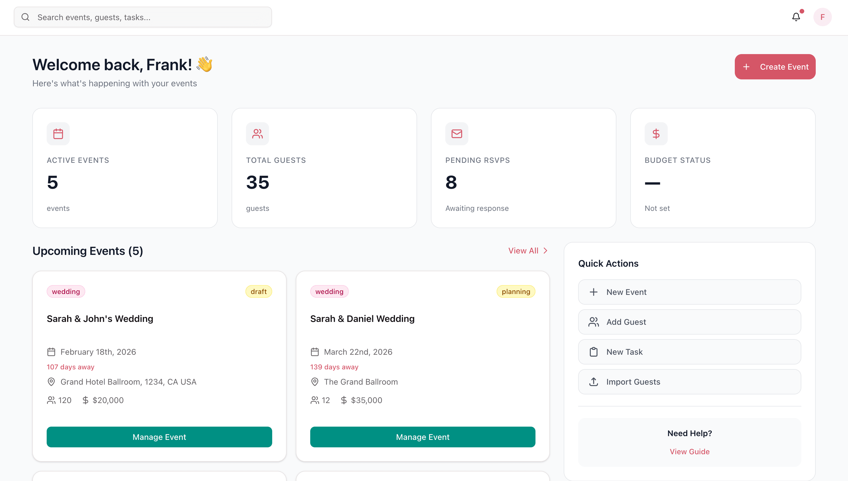 Giftflow dashboard overview showing event management tools